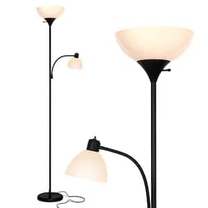 Sky Dome Plus 72 in. Classic Black Industrial 2-Light 3-Way Dimming LED Floor Lamp with 2 White Plastic Bowl Shades