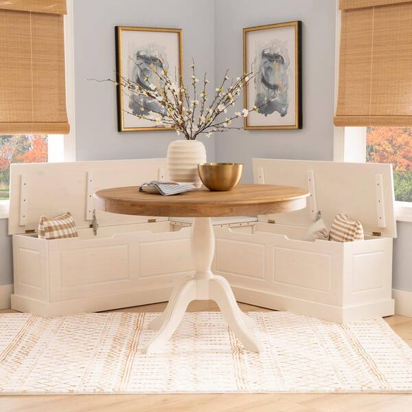 Linon Home Decor Rockhill 2 Piece L Shape Backless White Wood Top Nook Dining Set Seats 4 THD02822