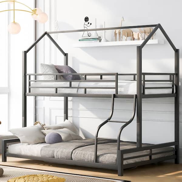 Harper & Bright Designs Black Twin over Full Metal Frame Detachable House Bunk Bed with Curving Ladder