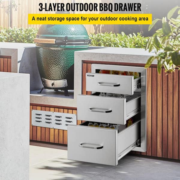 VEVOR 18X23YC3CBXGCTG01V0 18 in. W x 23.2 in. H x 23.1 in. D Outdoor Kitchen Stainless Steel Triple BBQ Access Drawers with Chrome Handle - 2