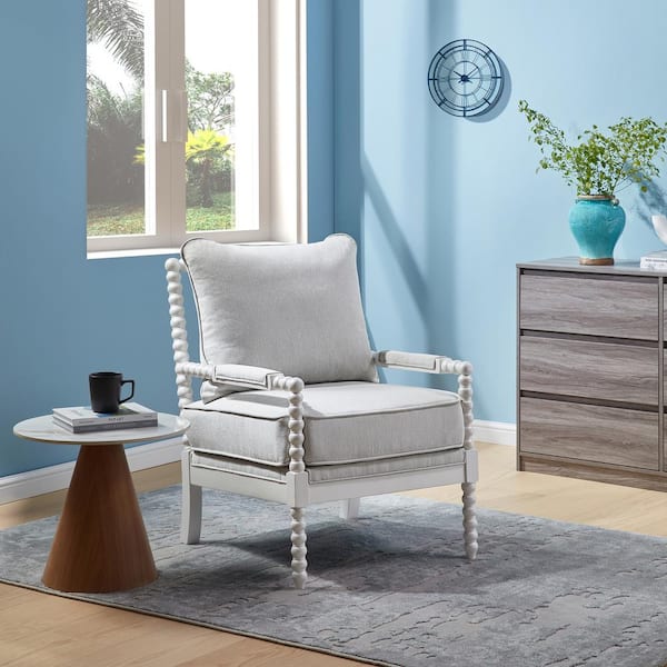 Morden Fort Mid Century White Spindle Accent Chair Upholstered Armchair with Thick Cushion and Wood Frame