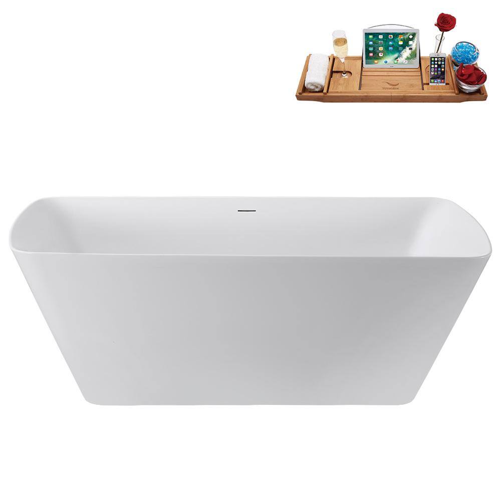 59" Glossy White Acrylic Freestanding Tub with Brushed Gold Trim