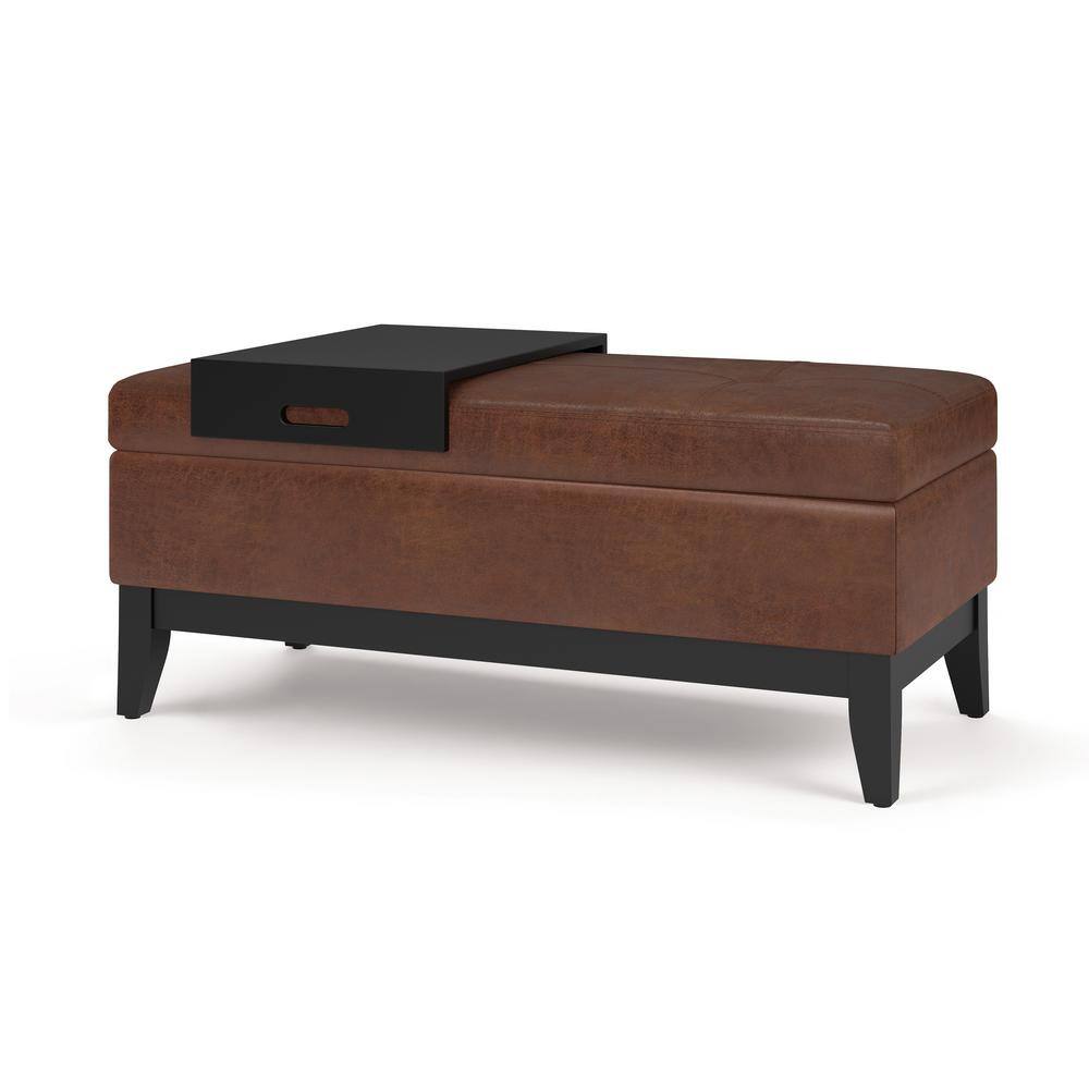 Distressed Saddle Brown Tufted Faux Leather Footstool with Tray
