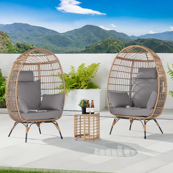 SANSTAR 3-Piece Patio Wicker Egg Chair Outdoor Bistro Set with Side Table, with Light Gray Cushion