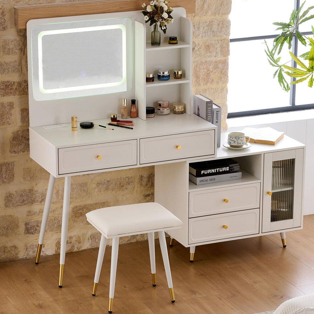 White 58.5 in. W Retractable Makeup Vanity Dresser with 4 Drawers, Cabinet, Power Outlet, Mirror and Lights price history on PriceWatchPro