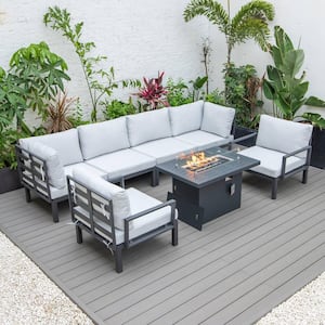 Hamilton 7-Piece Aluminum Modular Outdoor Patio Conversation Seating Set With Firepit Table & Cushions in Light Gray