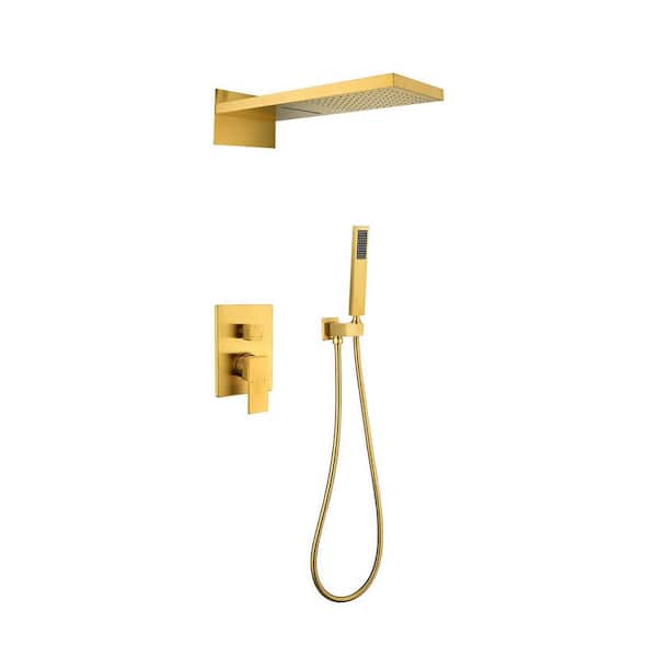 1-Spray Wall Mounted Waterfall Dual Rain Shower System 2.5 GPM in Brushed Gold