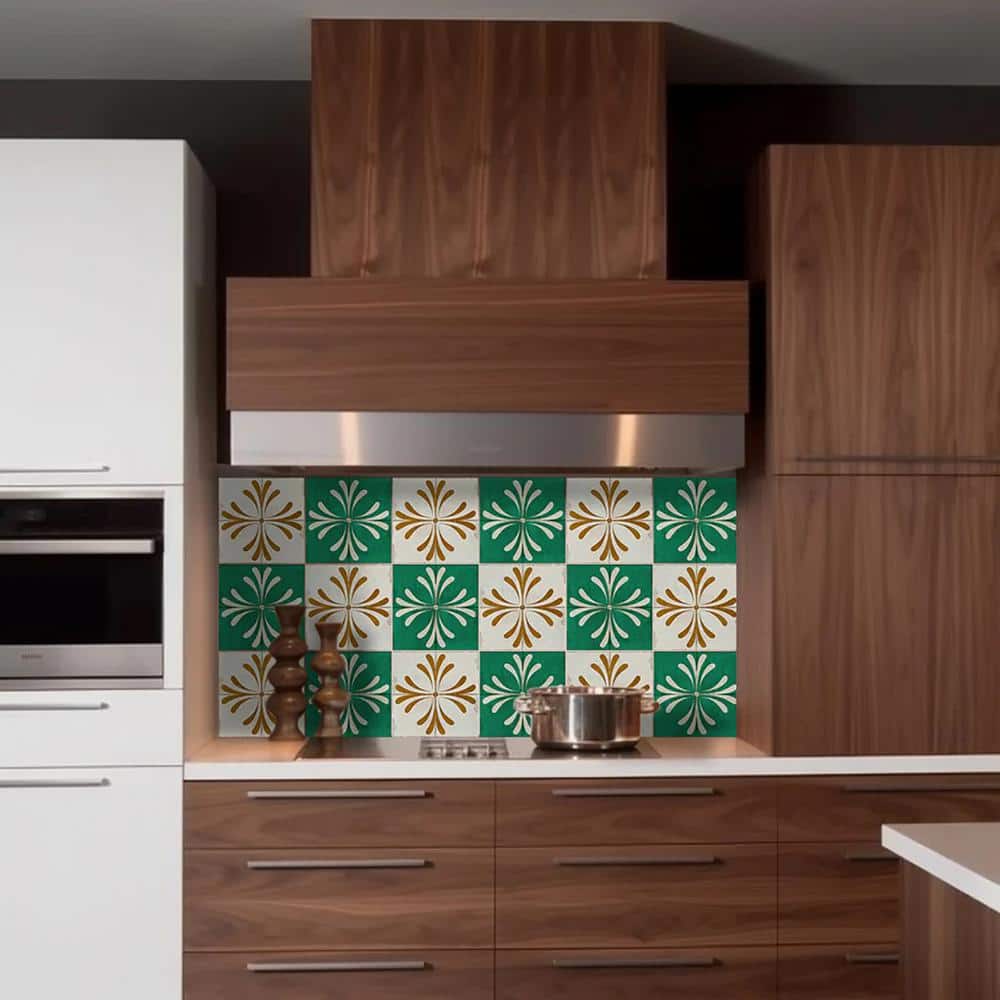 8x8-inch Antiquewhite Green Gold Vinyl Peel and Stick Tile Stickers