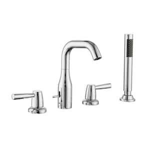 2-Handle Tub Faucet Deck Mounted 4 Hole Waterfall Tub Faucet Hand Shower, Bathroom Faucet in Chrome
