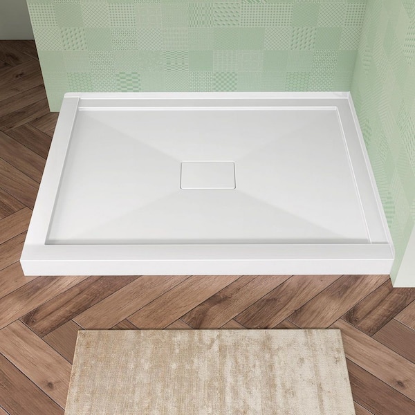 48 in. L x 36 in. W Double Threshold Corner Shower Pan Base Acrylic Rectangular Shower Tray in White with Center Drain