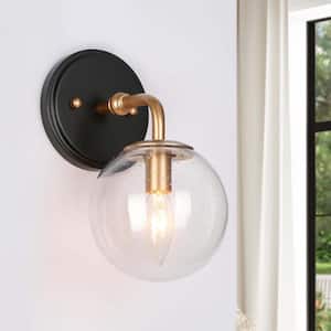 Modern 5.5 in. 1-Light Vintage Gold Wall Sconce with Matte Black Accents and Seeded Glass Globe Shade