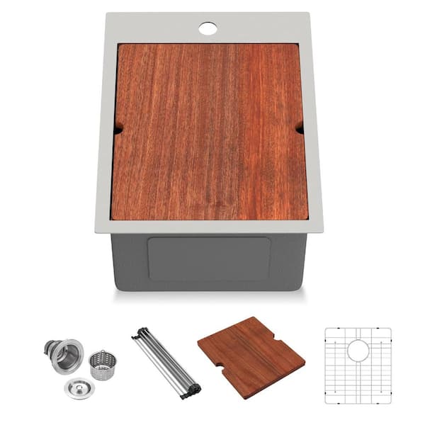 18 in. Drop-In Single Bowl 16-Gauge Stainless Steel Workstation Bar Sink with Cutting Board and Ledge