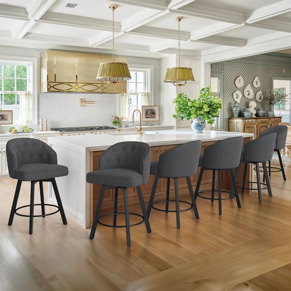 LUE BONA Arturo 26 in.Dark Gray Linen Fabric Upholstered Swivel Bar Stool with Metal Frame Nailhead Counter Barstool Set of 6