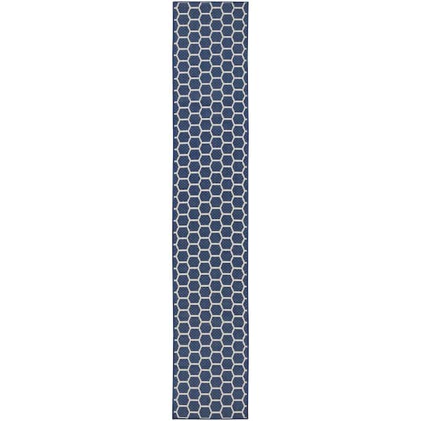 Nourison Reversible Indoor Outdoor Navy 2 ft. x 10 ft. Honeycomb Contemporary Runner Area Rug