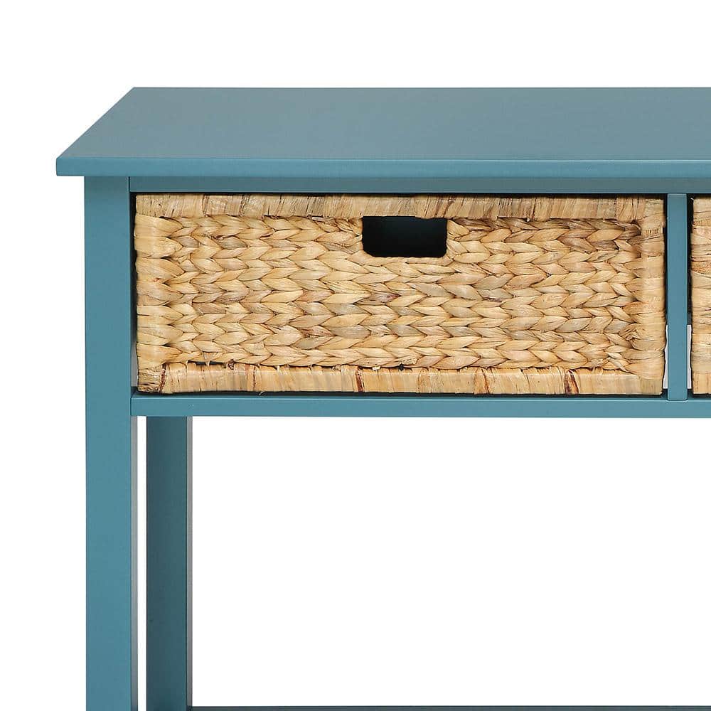 Teal Wood Console Table with Storage Baskets and Shelf