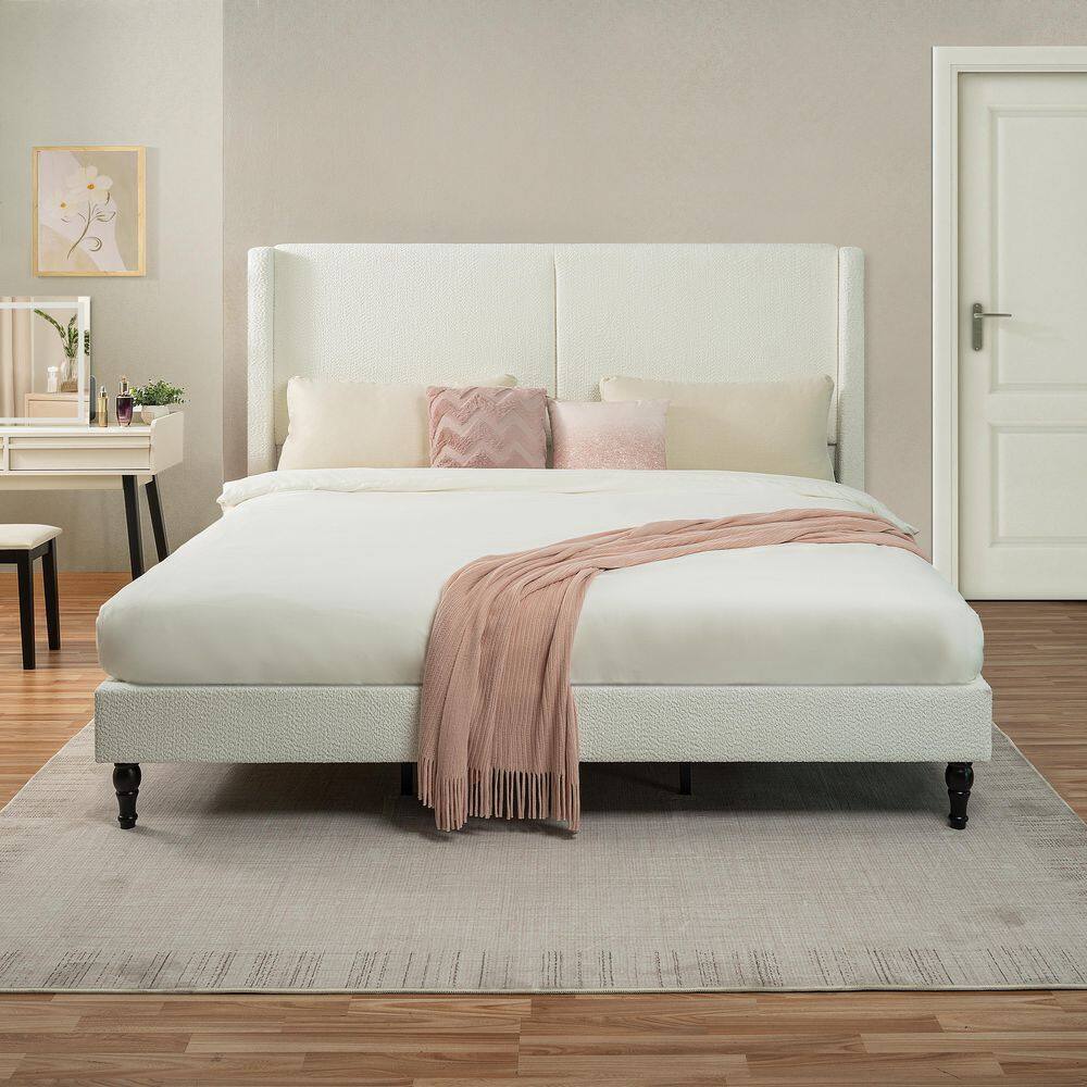 Diane White Metal Frame King Size Platform Bed with High Fabric Upholstered Headboard, Solid Wood Legs