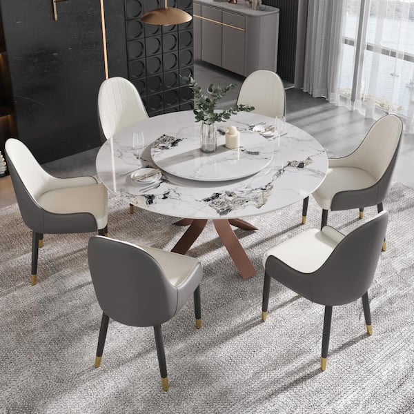 J&E Home Pandora White Marble Stone Top 53 in. Pedestal Carbon Steel Base Dining Table Seats 6 with Lazy Susan