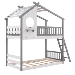 Gray Twin Over Twin House Bunk Bed with Roof, Wood Low House Bunk Bed with Window, Ladder for Kids