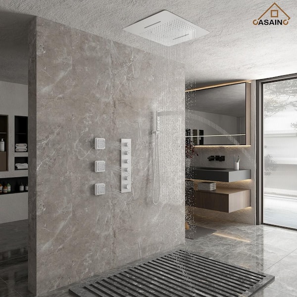 4-Spray Dual Shower Heads 20 in. x 24 in. Ceiling Mount Fixed and Handheld Shower Head 2.5 GPM with 3-Jet in Matte White