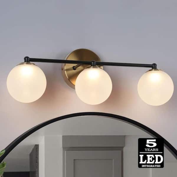 Fullur 22 in. 3-Light Matte Black and Brass Plated Bathroom Vanity Light Integrated LED Bath Light with Frosted Glass
