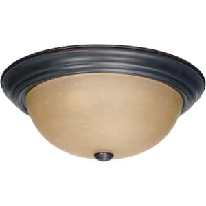 3-Light Mahogany Bronze Flush Mount with Champagne Linen Washed Glass Shade