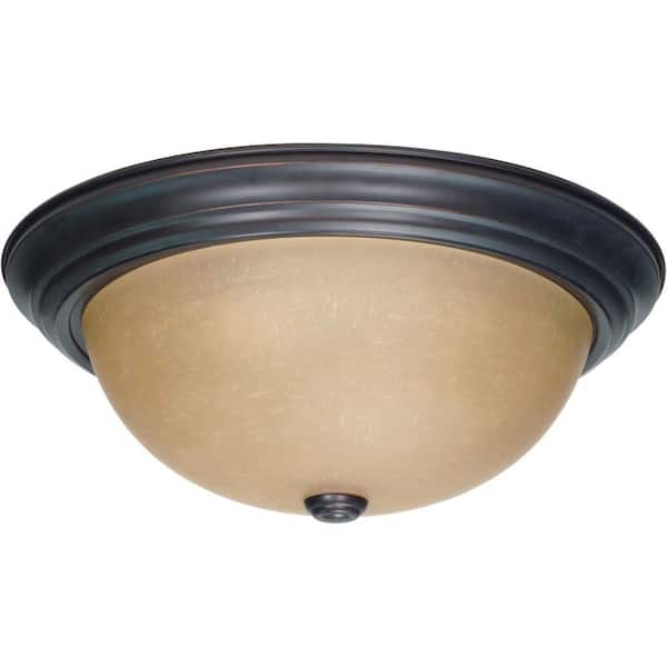 SATCO 3-Light Mahogany Bronze Flush Mount with Champagne Linen Washed Glass Shade