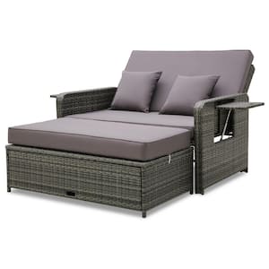 2-Piece Wicker Outdoor Patio Day Bed Set Rattan Loveseat Sofa Set with Adjustable Backrest Gray Cushions