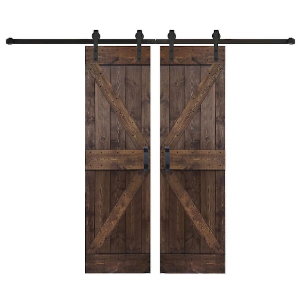 ISLIFE K Series 60 in. x 84 in. Coffee Finished DIY Solid Wood Double Sliding Barn Door with Hardware Kit