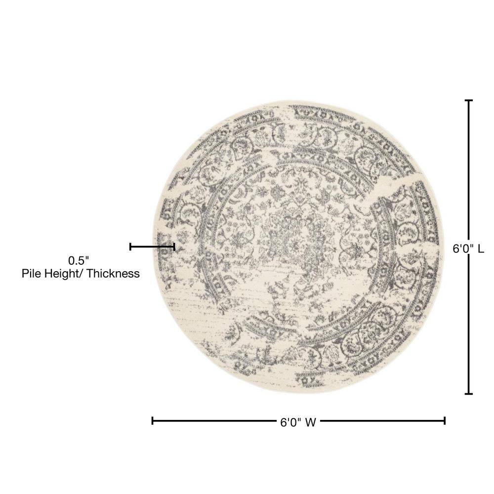 Chic Ivory & Silver 6' Round Synthetic Easy-Care Area Rug