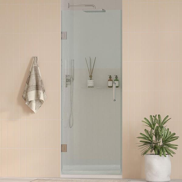 Nirvana 25.5 in. to 25.75 in. W x 76 in. H Frameless Pivot Hinged Shower Door in Brushed Nickel with 3/8 in. Clear Glass