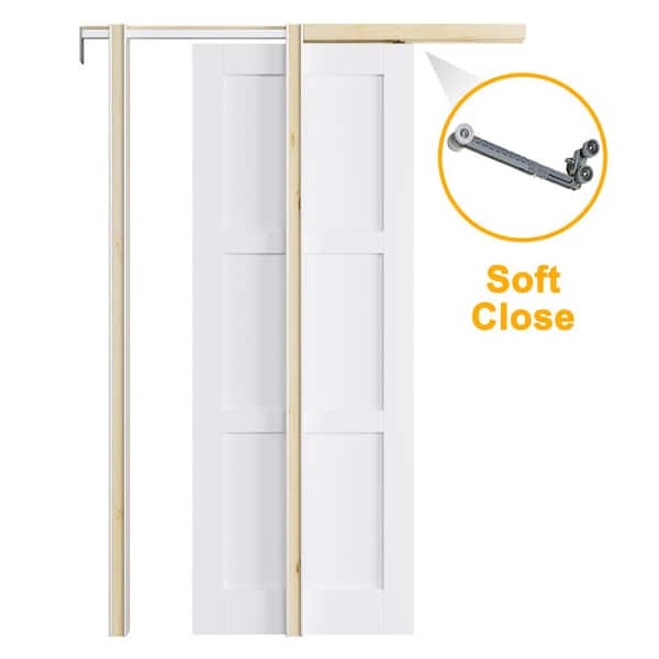 ARK DESIGN 32 in. x 80 in. White Primed 3-Lite MDF Door with Solid Core Pocket Sliding Door Frame with Hardware and Soft Close