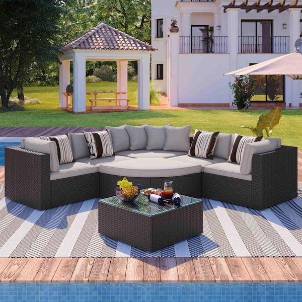 Polibi 7-Piece Brown Wicker Frame Outdoor Patio Conversation Sectional Seating Set with Light Gray Cushions and Pillows