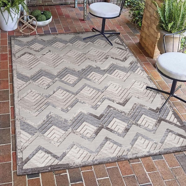 LR Home Wyatt Light Blue/Ivory 7 ft. 10 in. x 8 ft. 10 in. High-Low Chevron P.E.T Yarn Indoor/Outdoor Area Rug