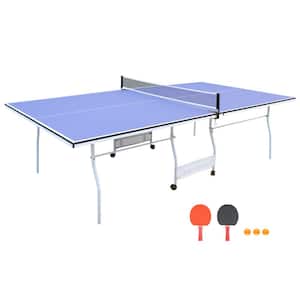 9 ft. Blue Table Tennis Table Foldable and Ping Pong Table Set for Indoor and Outdoor Games w/Net, 2 Paddles and 3 Balls