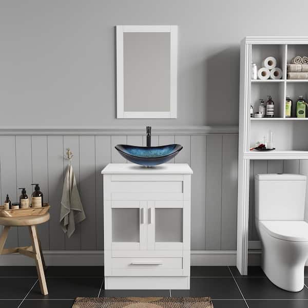 Puluomis 24 in. W x 19 in. D x 33 in. H Single Sink White Bath Vanity with Blue Solid Surface Top Sink and Mirror