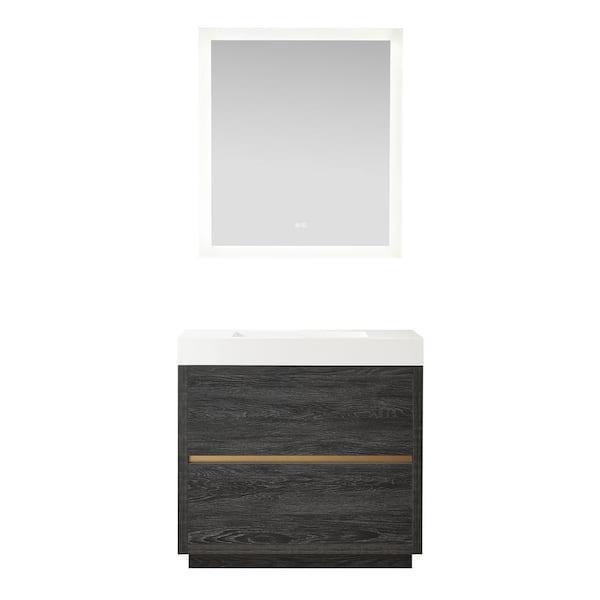 ROSWELL Huesca 35.8 in. W x 19.7 in. D x 33.9 in. H Single Sink Bath Vanity in North Black Oak w/ White Composite Top and Mirror