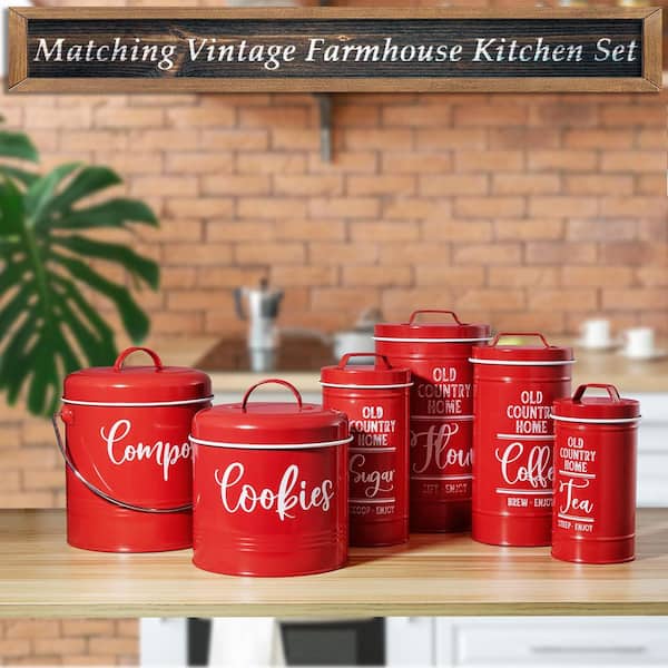 1-Piece 1 gal. Large Red Vintage BPA-Free Metal Cookie Jar with Airtight Lid for Kitchen Counter Decor