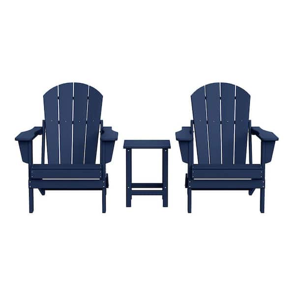 Laguna 3-Piece Fade Resistant Outdoor Patio HDPE Poly Plastic Folding Adirondack Chair Set with Side Table in Navy Blue