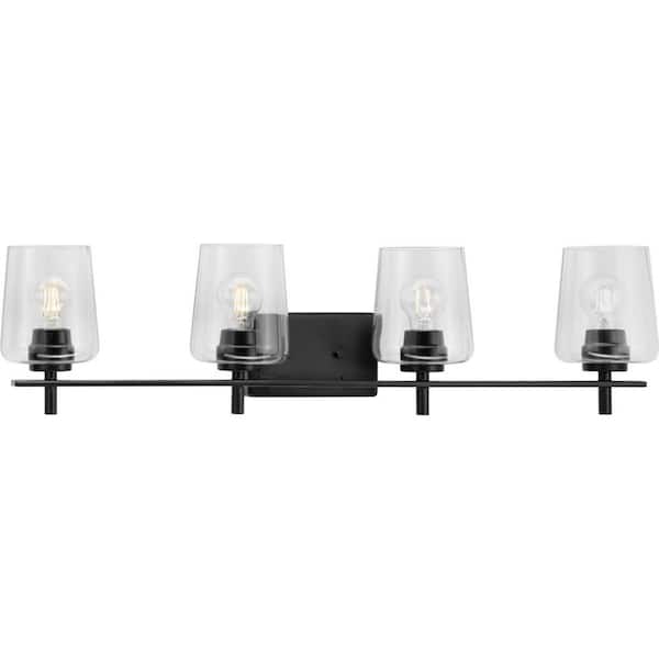Progress Lighting Calais 34 in. 4-Light Matte Black Vanity Light with Clear Glass Shades New Traditional for Bath and Vanity