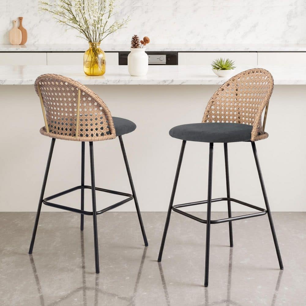 40.55 in. H Woven Wicker Low Back Metal Bar Stool with Black Chenille Fabric Seat Cushion(set of 2) price history on PriceWatchPro