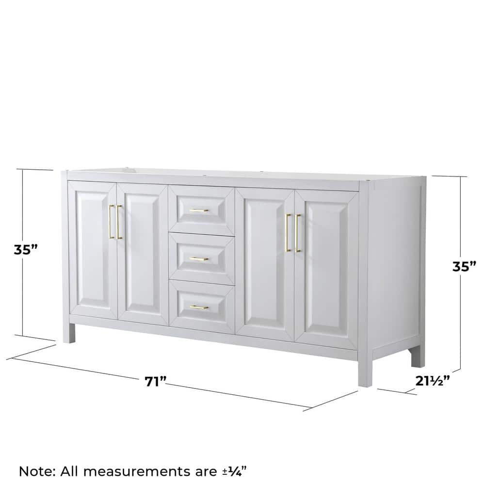 Daria 71" White MDF Double Vanity with Brushed Gold Trim