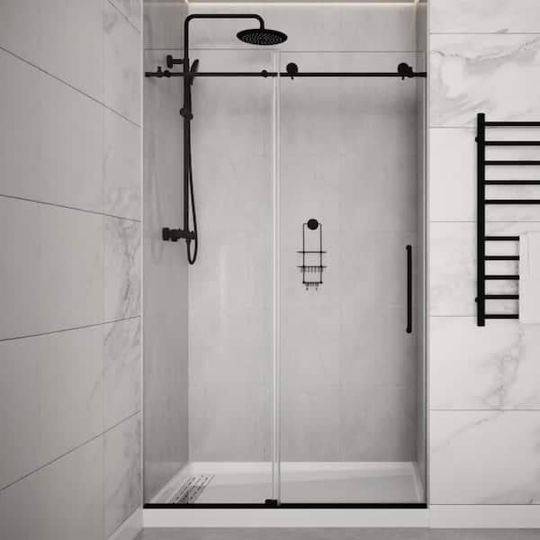ANZZI Cipressi Series 48 in. x 76 in. H Sliding Frameless Shower Door in Matte Black with Tsunami Guard Tempered Glass