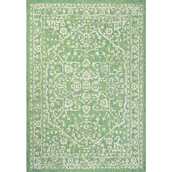 Malta Bohemian Medallion Textured Weave Cream/Green 3 ft. x 5 ft. Indoor/Outdoor Area Rug
