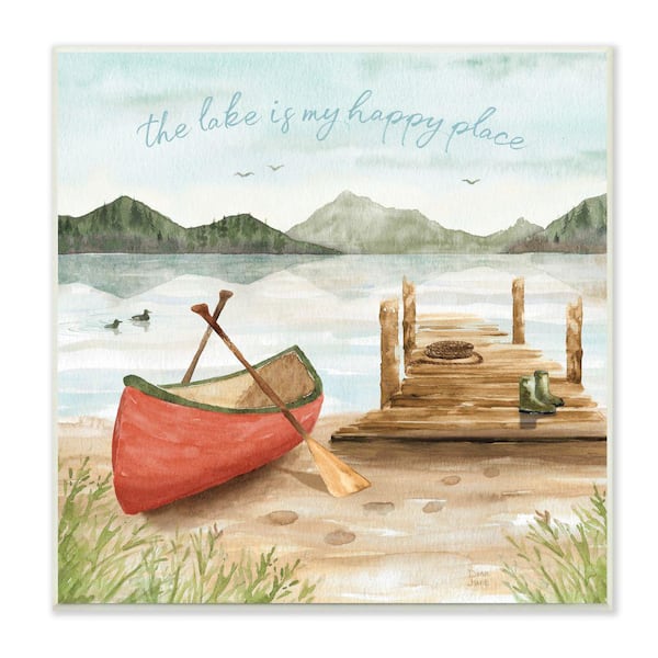 Stupell Industries "Lake's My Happy Place Phrase Boat Dock Landscape" by Dina June Unframed Print Nature Wall Art 12 in. x 12 in.