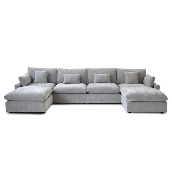 155 in. Slope Arm Linen 6-Piece Modular Free Combination Sectional Sofa with Ottoman in Gray