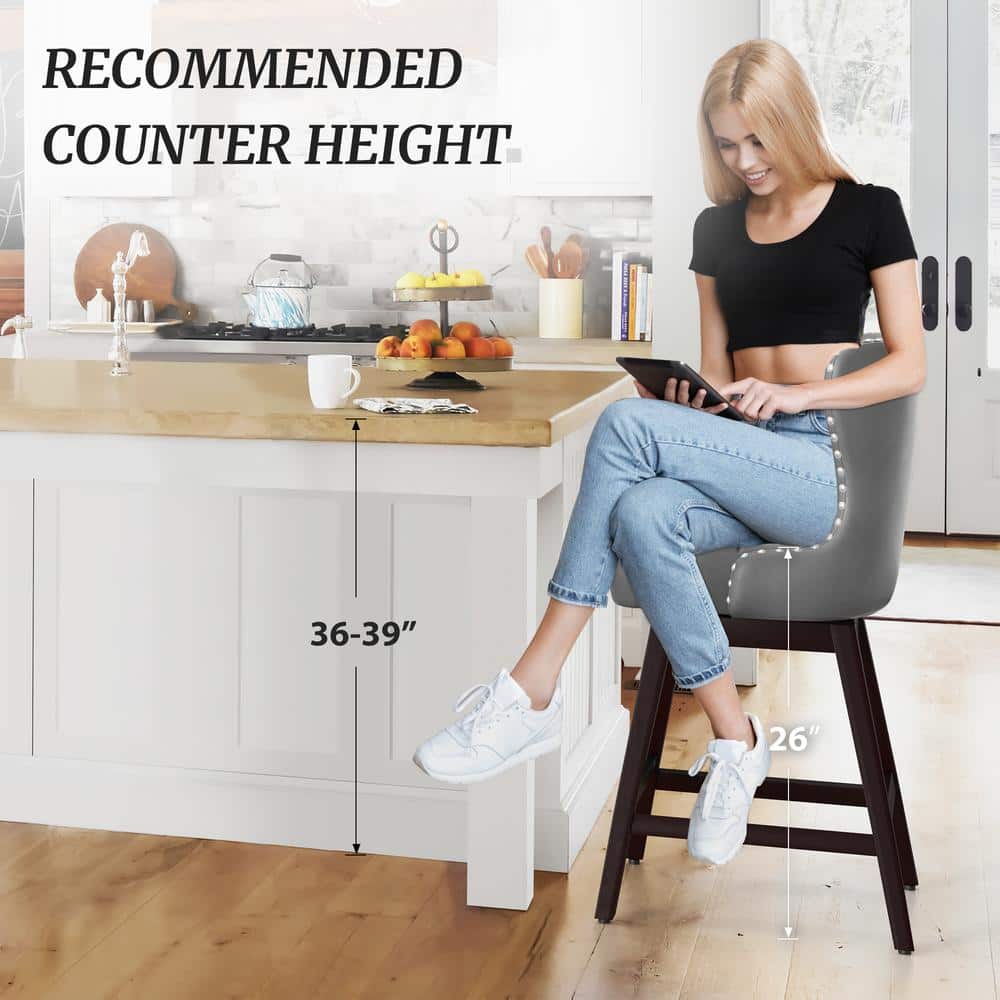 Dark Gray Faux Leather Swivel Counter Stools with Wood Legs, Set of 3