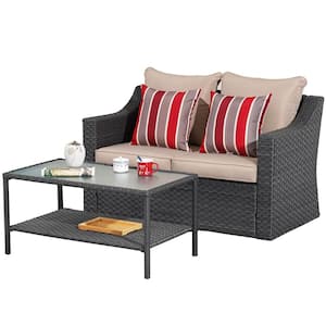 2-Piece Black Wicker Patio Conversation Set with 1 Double Sofa and 1 Coffee Table