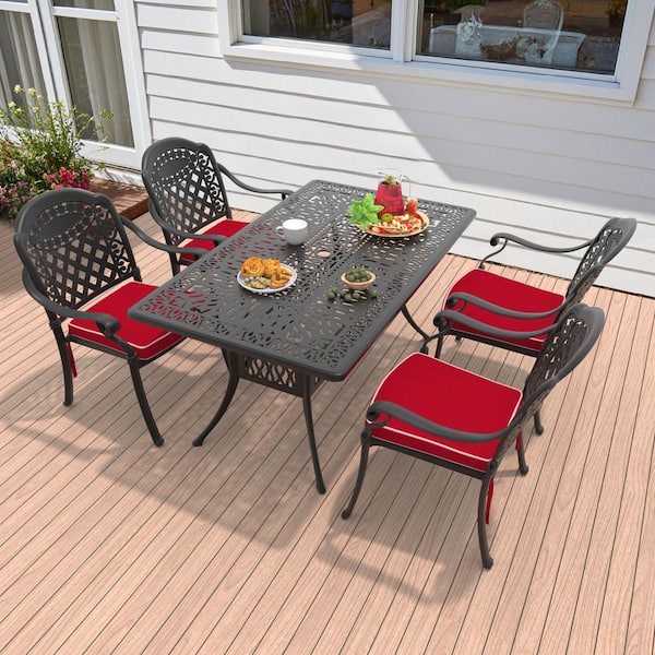 Isabella Black 5-Piece Cast Aluminum Outdoor Dining Set with Rectangle Table and Dining Chairs and Red Cushion