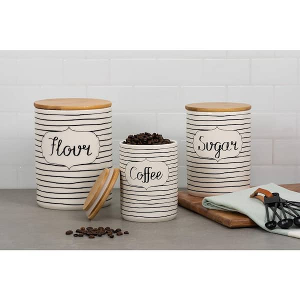 3 Piece Set Ceramic/Bamboo Coffee, Sugar, Flour Kitchen Canister, Everyday Black/White
