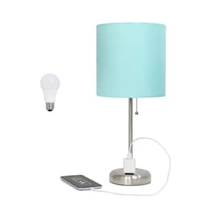 19.5 in. Contemporary Bedside Power Outlet Base Metal Table Lamp in Brushed Steel, Aqua Shade, with LED Bulb